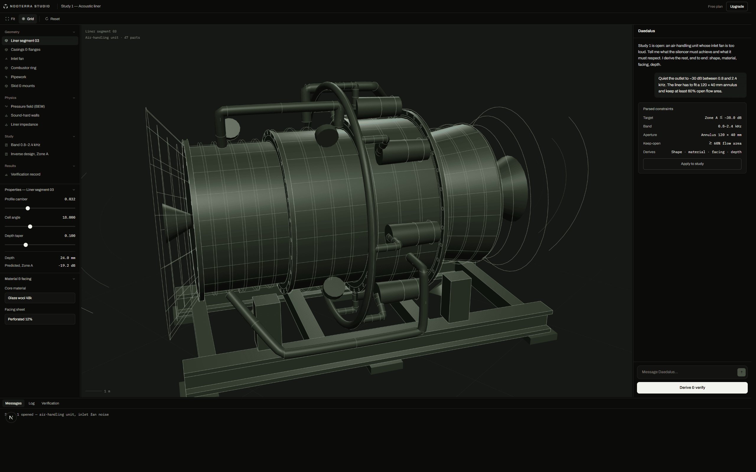 Nooterra Studio — an air-handling unit open in the viewport, with the design chat and model tree